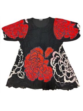 🌺Ladies Back Floral Top Red Rose Print Sheer Overlay Sparkle Flowy Blouse
